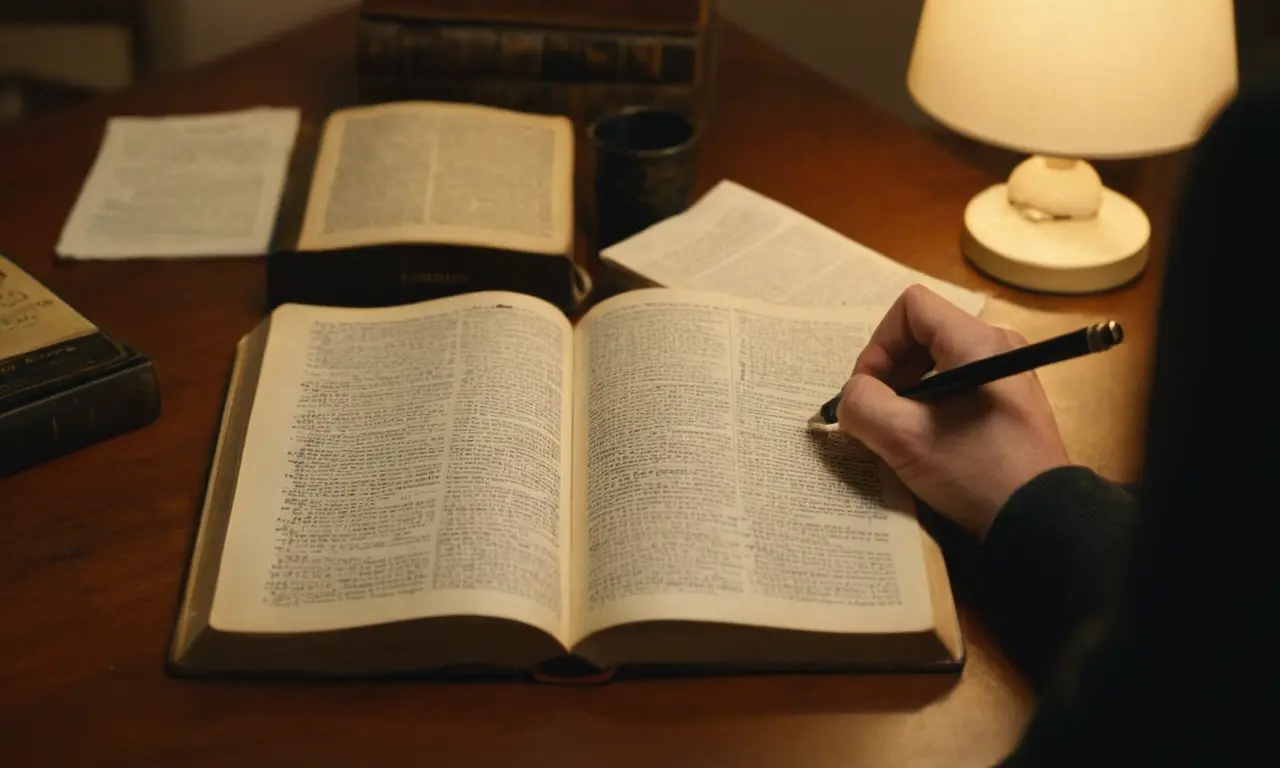 Una persona leyendo un diccionario o libro en un escritorio con notas y palabras relacionadas alrededor.