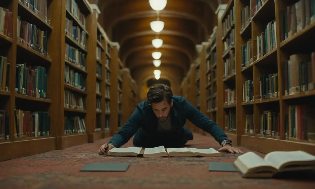 Una persona tropieza con un nuevo descubrimiento en una biblioteca, rodeado de libros y papeles.