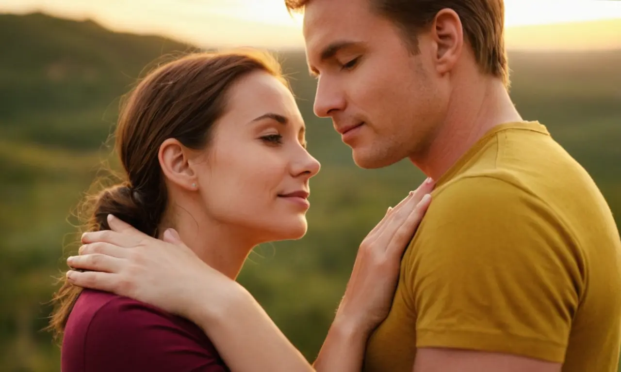 Pareja abrazando con las manos apretadas en un fondo romántico.