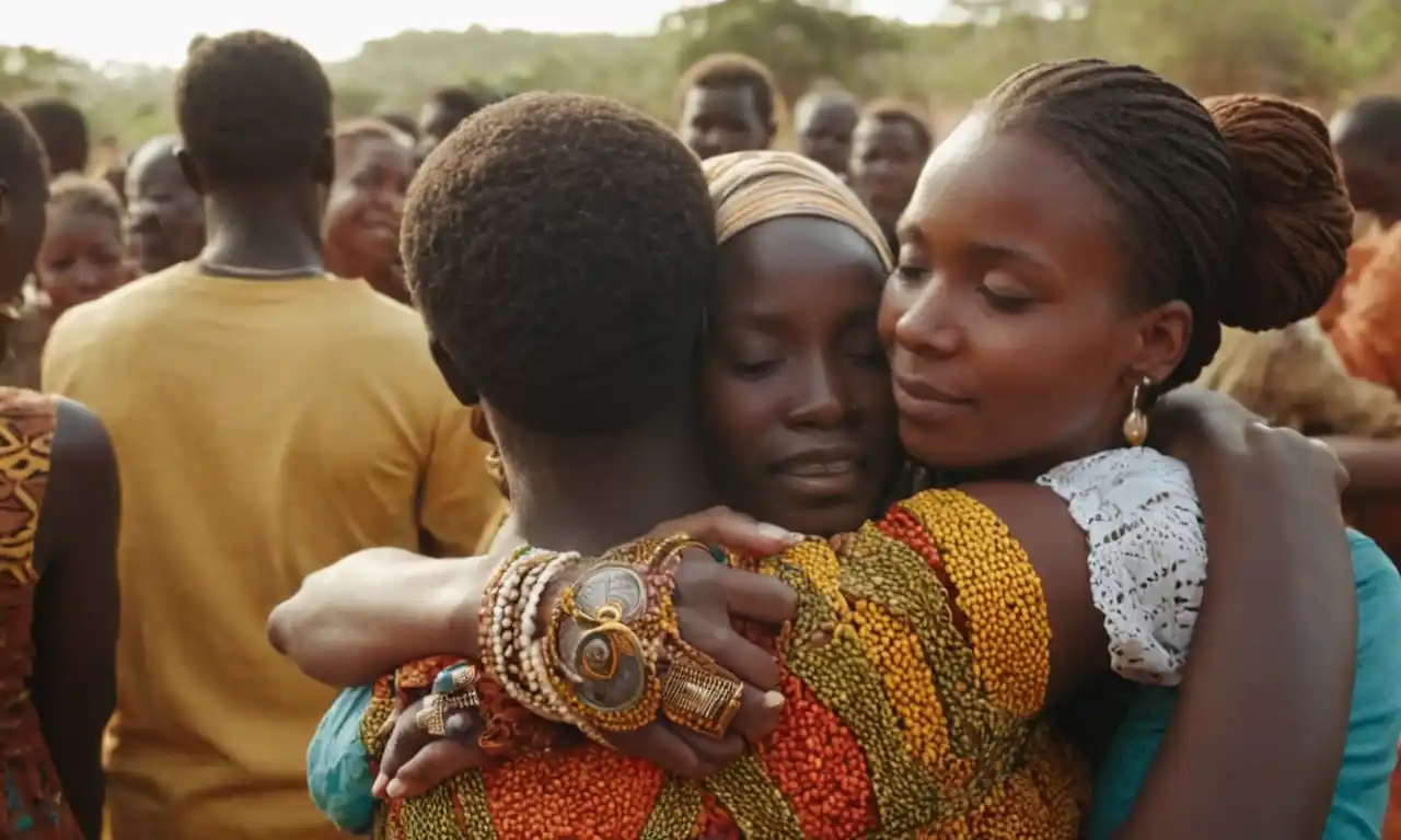 Una persona que abraza una reunión comunitaria en África, simbolizando la unidad y los valores compartidos.