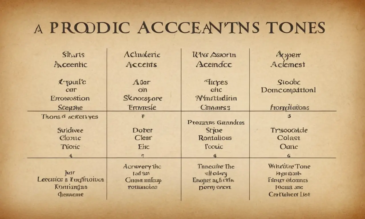 Un gráfico que muestra diferentes tipos de acentos prosódicos en tonos síllables con ejemplos y explicaciones.