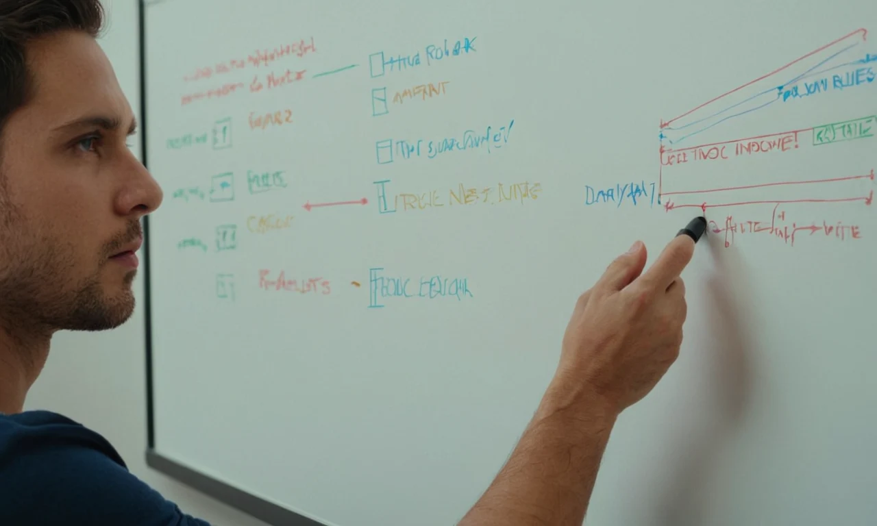 Una persona que estudia reglas de intonación en una pizarra con ejemplos y diagramas.