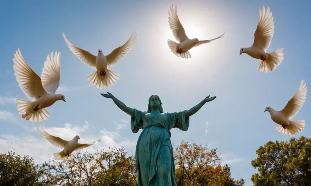 La estatua de la Dove de la Paz con palomas alrededor volando hacia el cielo.