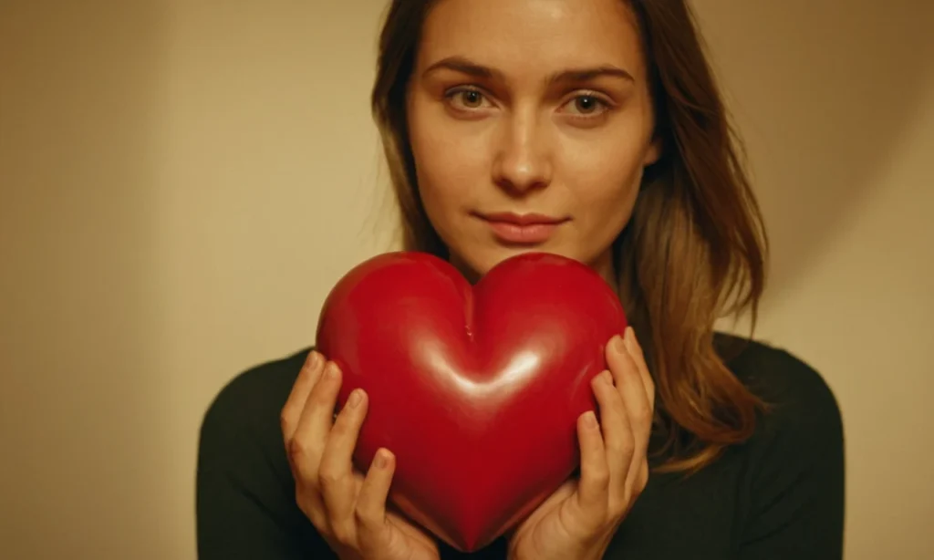 Una persona que sostiene una escultura figurativa parecido a un corazón con emociones en su cara.