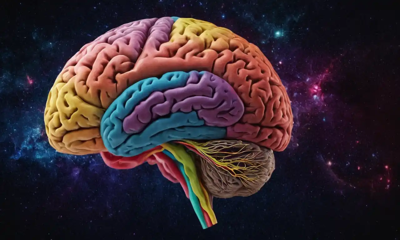 Un cerebro que ilustra las conexiones cruzadas entre sentidos, rodeado de colores y formas.