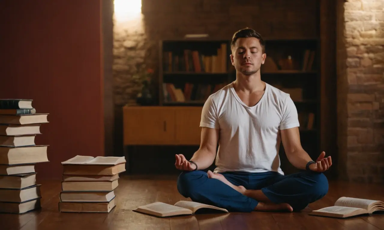 Una persona meditando con libros abiertos y notas en el fondo.