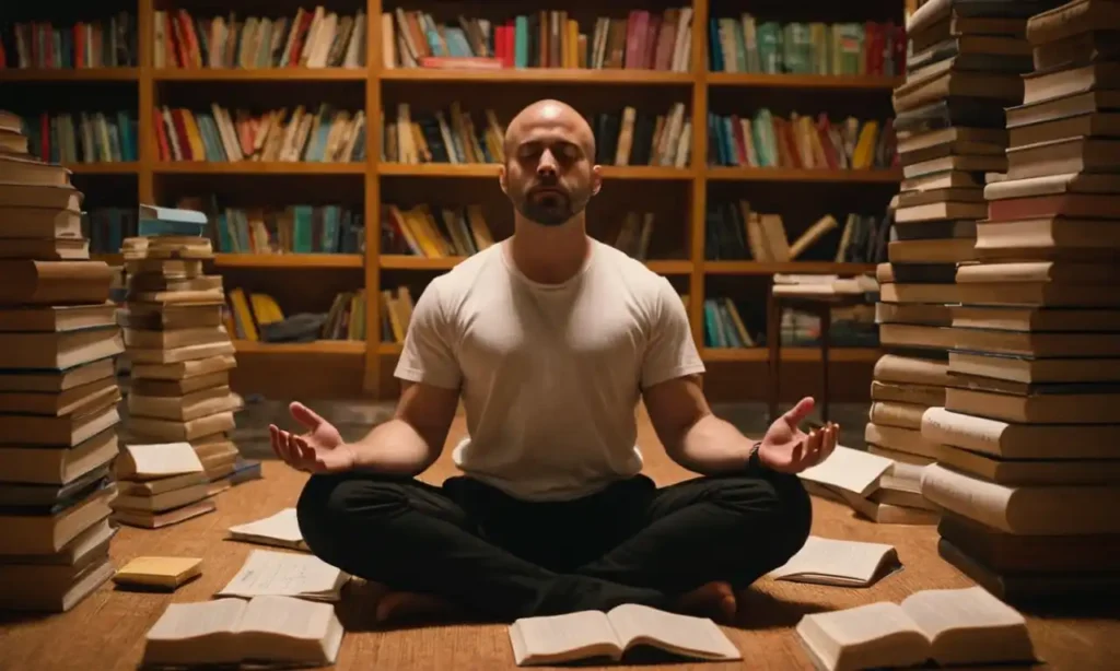 Una persona meditando mientras estaba rodeada de libros y notas sobre inteligencia emocional.