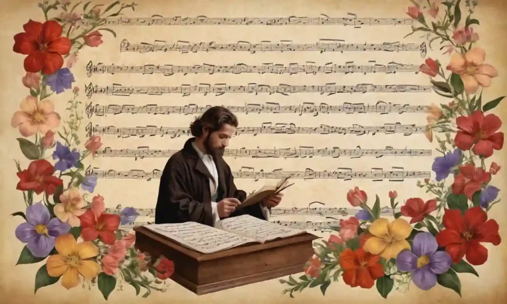 Una ilustración de un poeta escribiendo sobre un pergamino rodeado de notas musicales y flores.