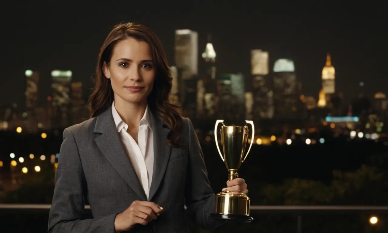 Una empresaria que tiene un trofeo con un horizonte de la ciudad en el fondo.