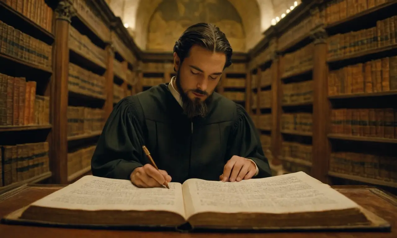 Un erudito derramando sobre textos y notas antiguos en una biblioteca.