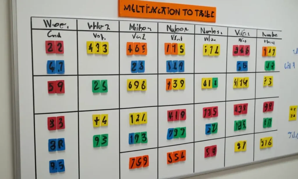 Una tabla de multiplicación para los números 1 a 10 mostrado en una pizarra con ilustraciones coloridas.