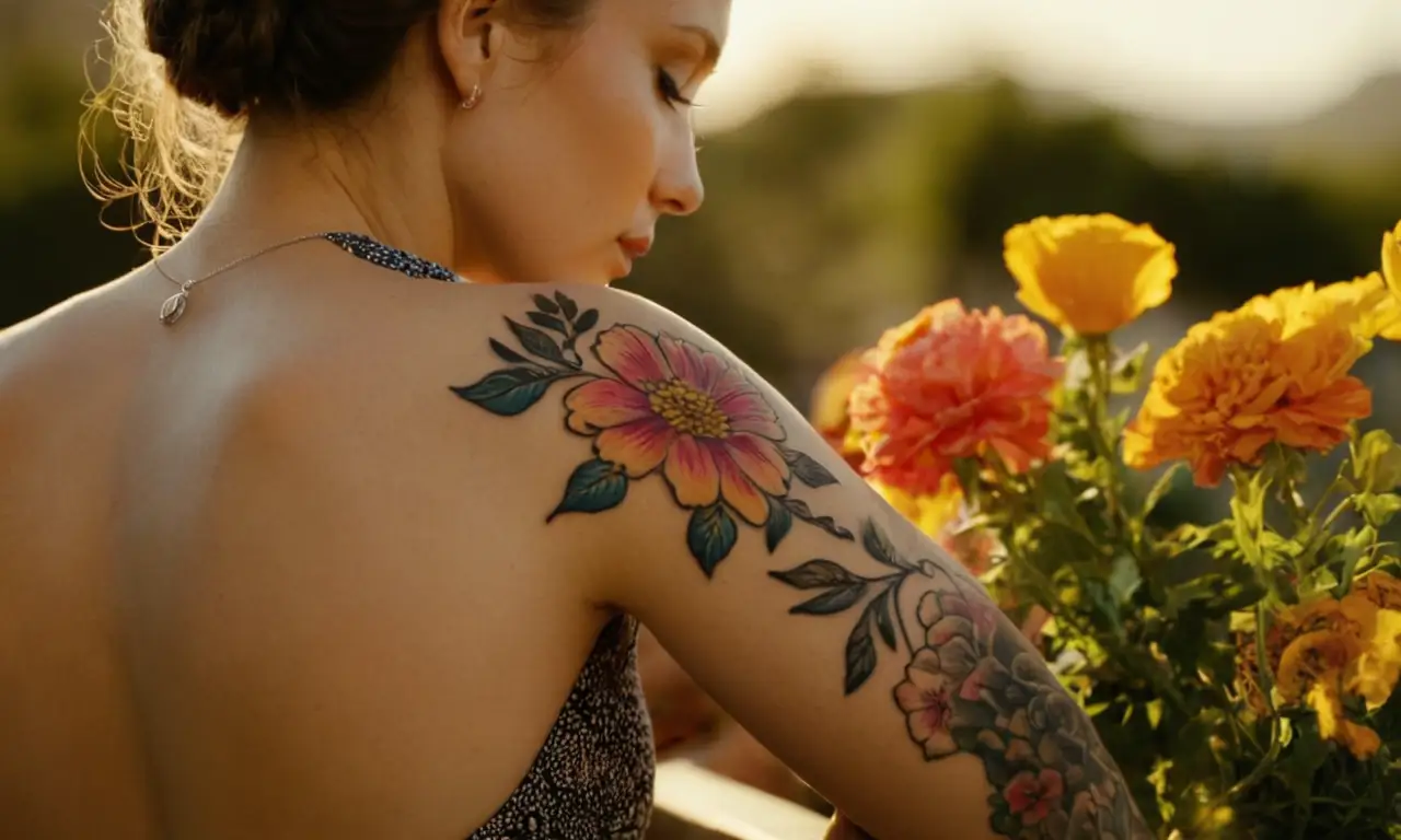 Una persona admirando flores tatuadas en su brazo en un ambiente cálido y soleado.