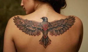 Una persona mostrando diseños de tatuaje intrincados inspirados en la naturaleza y el simbolismo.