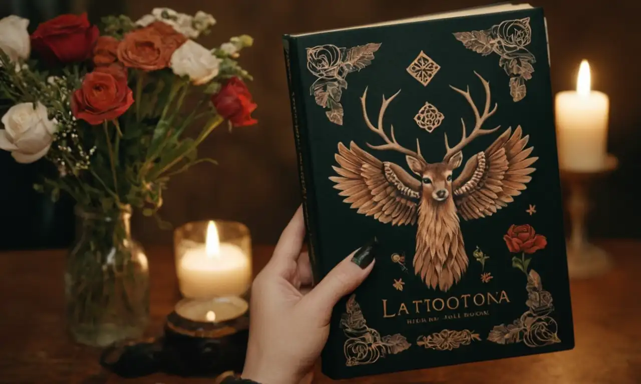 Una persona que sostiene un libro de tatuajes con varios símbolos, flores y animales mostrados en la cubierta.