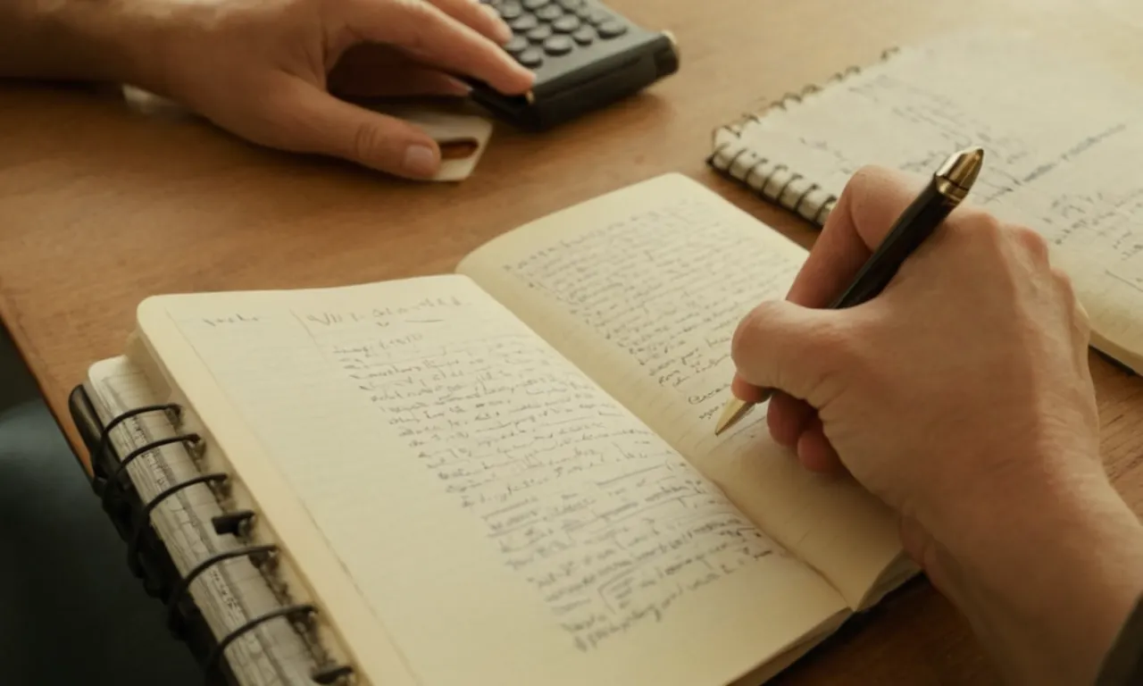 Una persona escribiendo notas en un cuaderno con un diccionario y ejemplos de verbos en el escritorio.