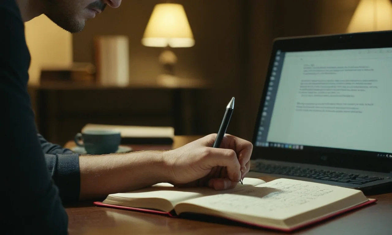 Una persona escribiendo en un ordenador con un libro y notas en el fondo.