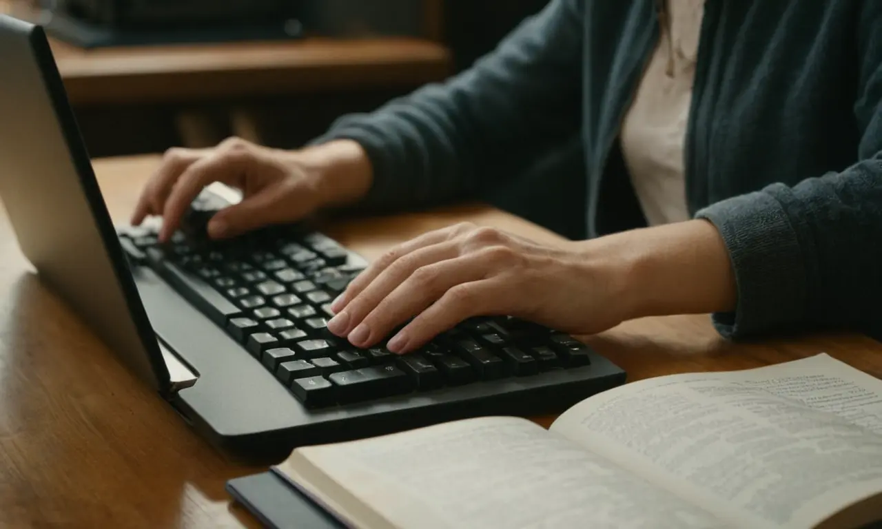 Un escritor escribiendo en un ordenador con guías de gramática y diccionarios cercanos.