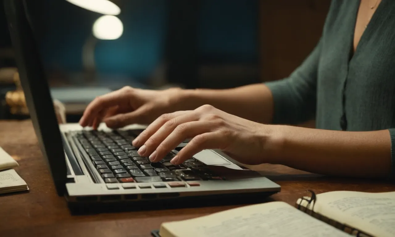 Escritor académico escribiendo en la computadora con libro abierto y notas en el fondo.