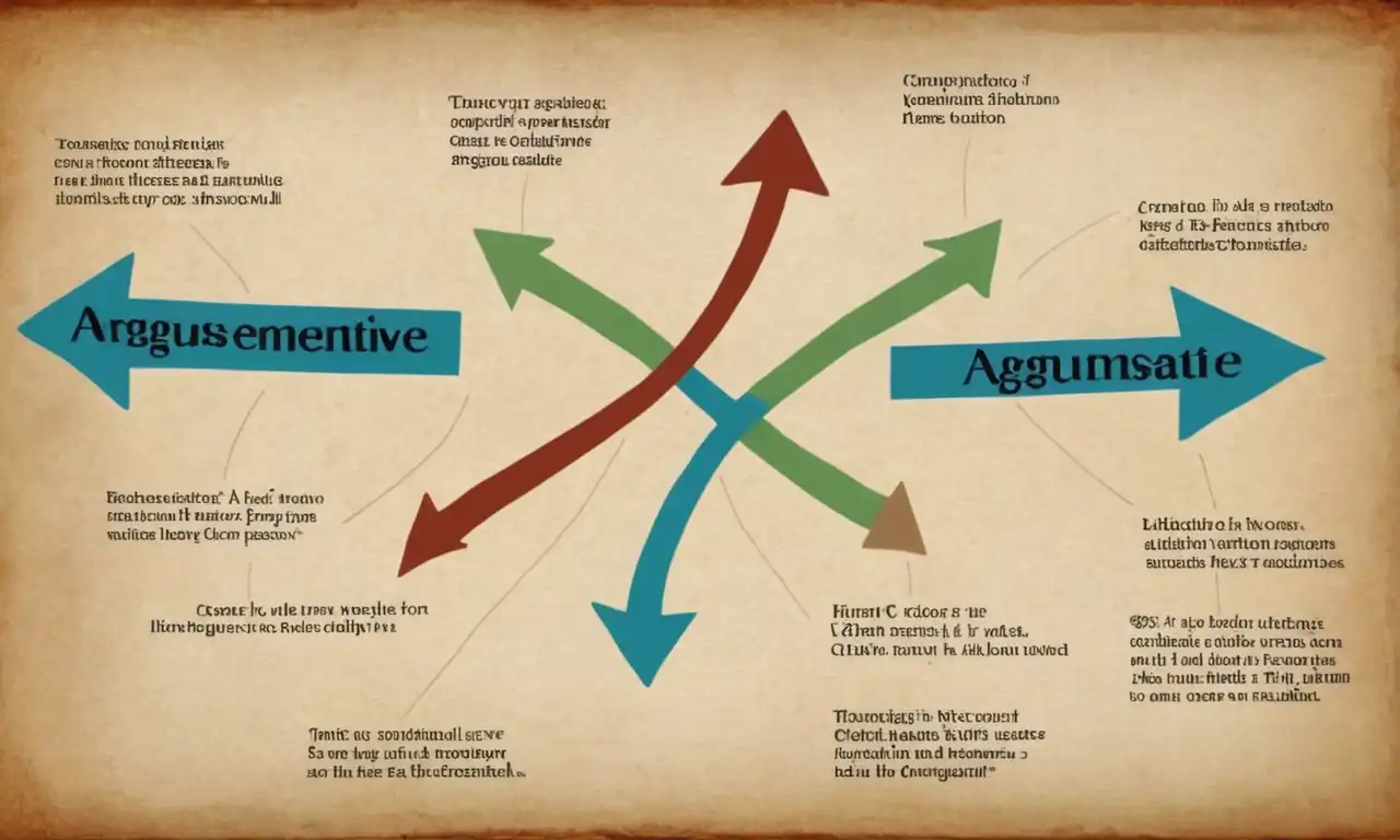 Un diagrama que ilustra la estructura de un texto argumentativo con formas abstractas y flechas.