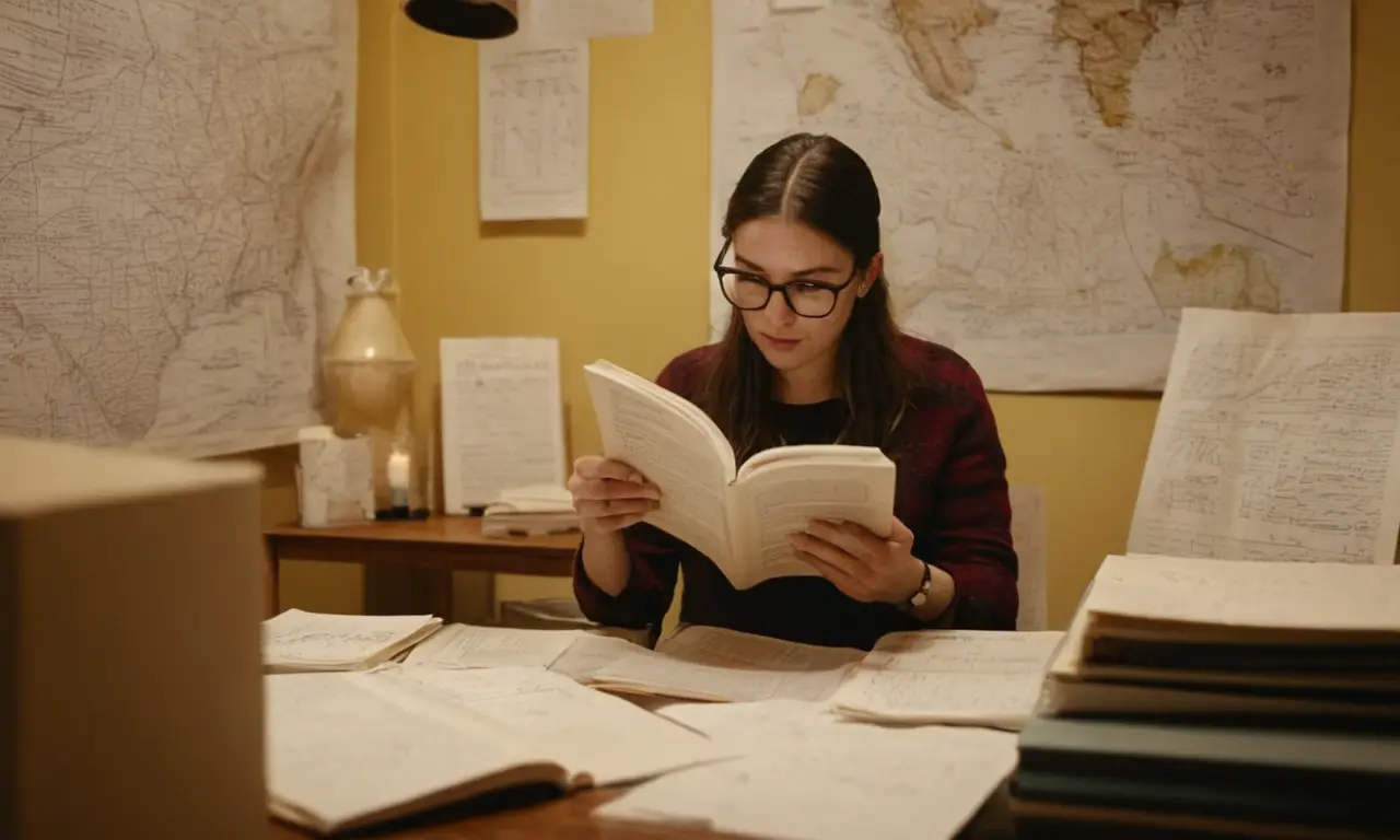 Una persona leyendo un libro rodeado de papeles con notas y diagramas.