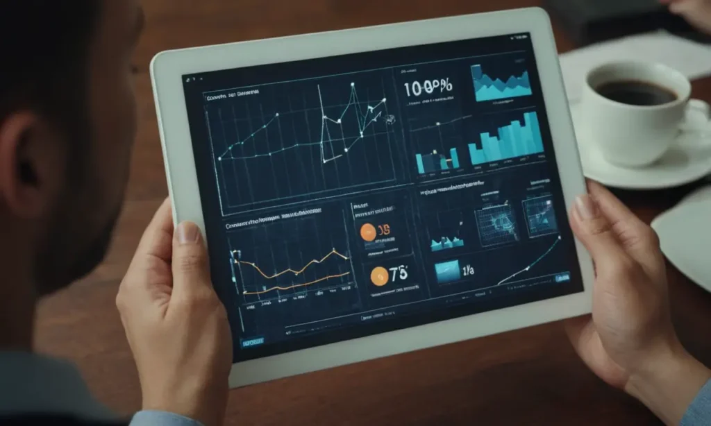 Una persona que sostiene una tableta que muestra una representación gráfica de conceptos de comunicación y marketing.