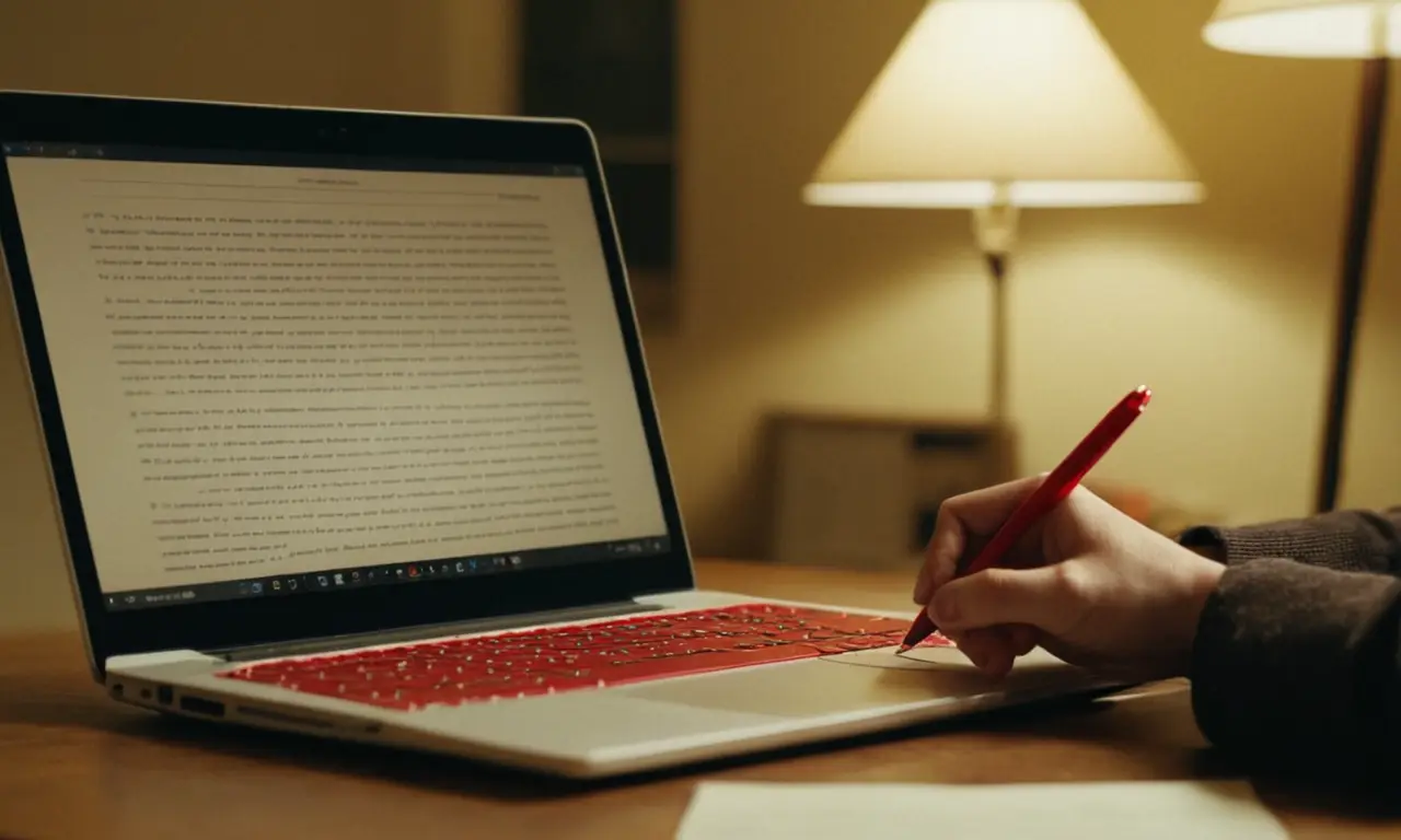 Un escritor escribiendo en un portátil con un manuscrito destacado y un bolígrafo rojo cerca.