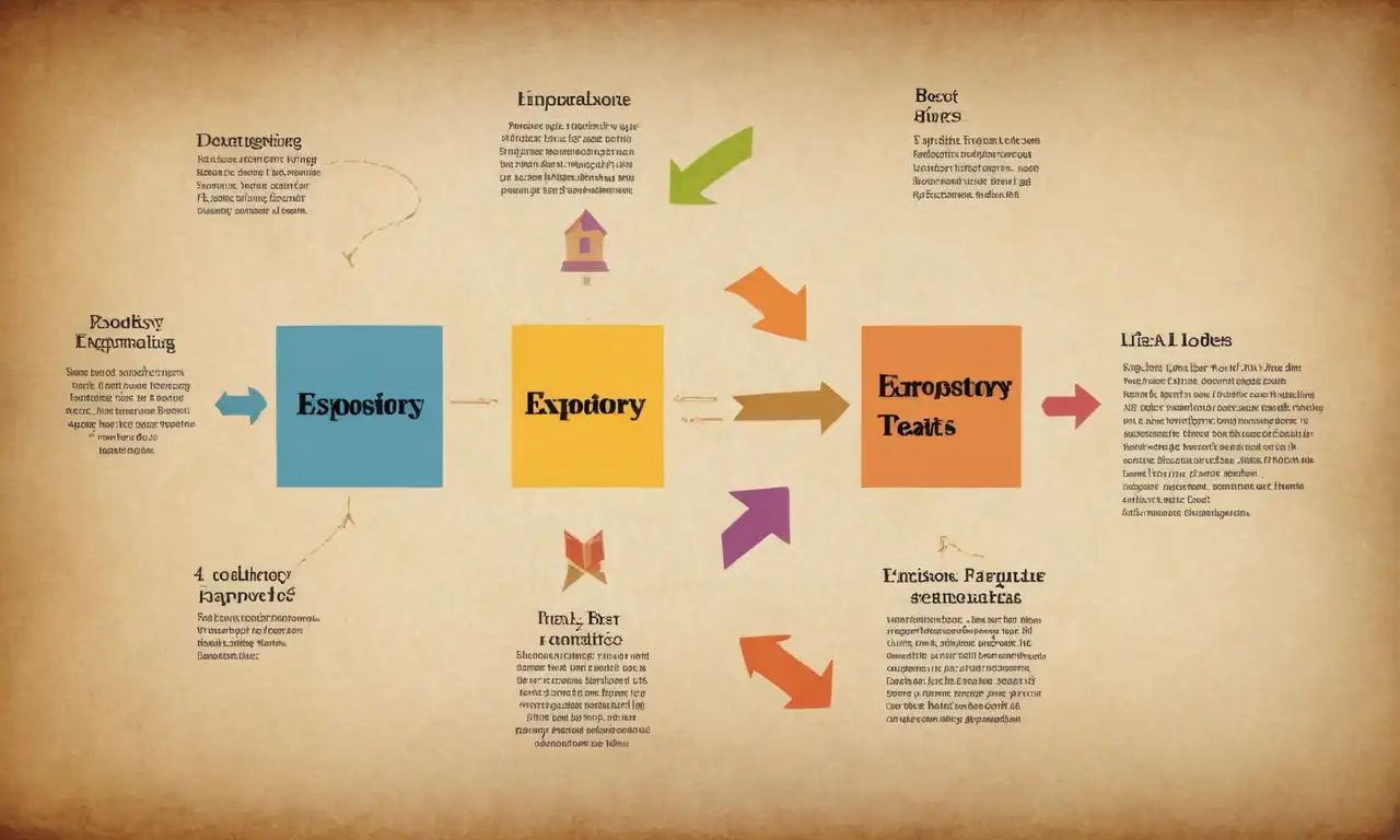 Un diagrama que ilustra diferentes partes de un texto expositivo con flechas y etiquetas.