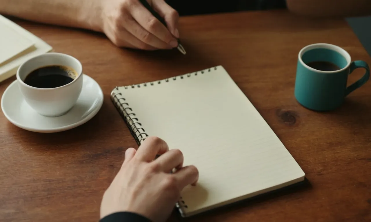 Una persona escribiendo en un cuaderno con una taza de café cerca.