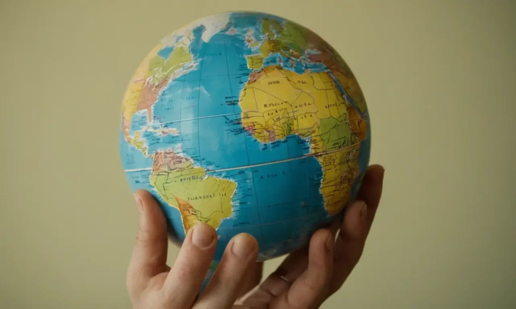 Una persona que sostiene un globo con varios tipos de mapas (topográficos