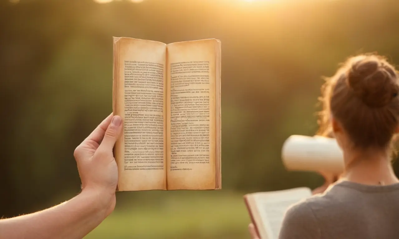 Una persona que sostiene un libro o un pergamino con citas inspiradoras en un fondo borroso que representa el crecimiento personal.