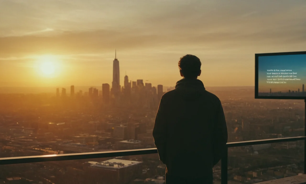 Una persona de pie frente a un paisaje urbano al atardecer, rodeado de citas y valores inspiradores en las pantallas.