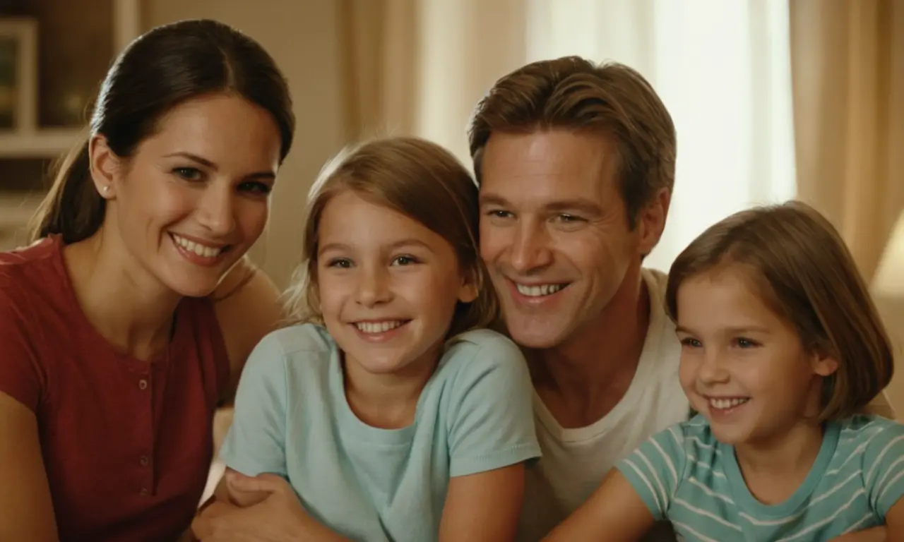 Una cálida escena familiar con padres e hijos sonriendo juntos.