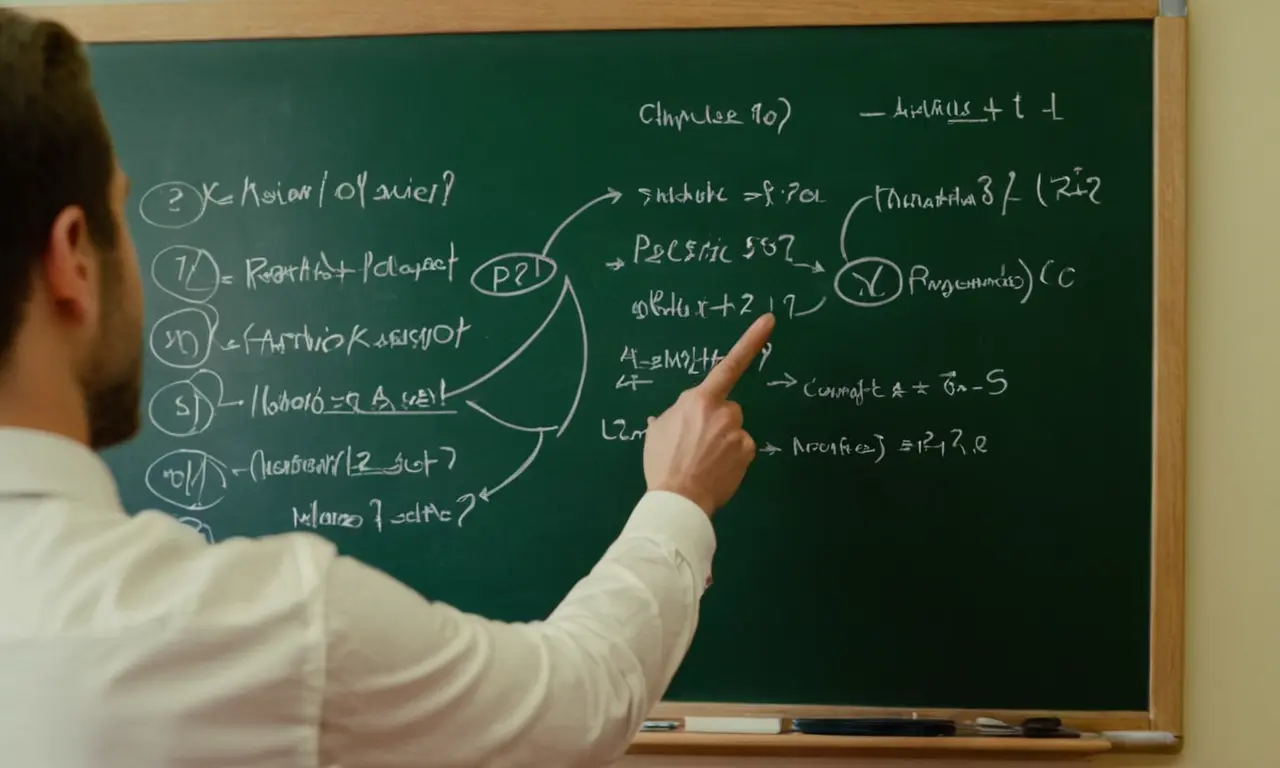 Linguistics expert pointing to diagrams on a chalkboard or whiteboard.