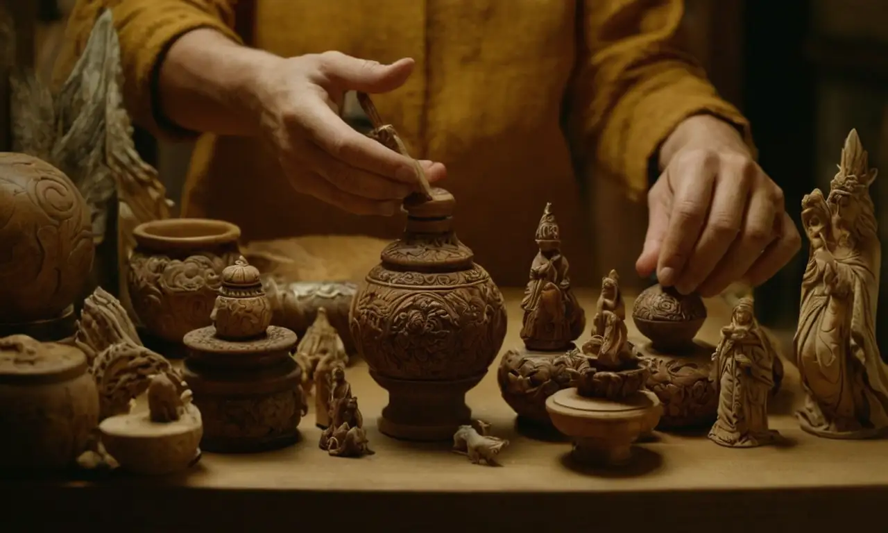 Artista conteniendo varias piezas de arte incluyendo tallas de madera, cerámica y vidrio.