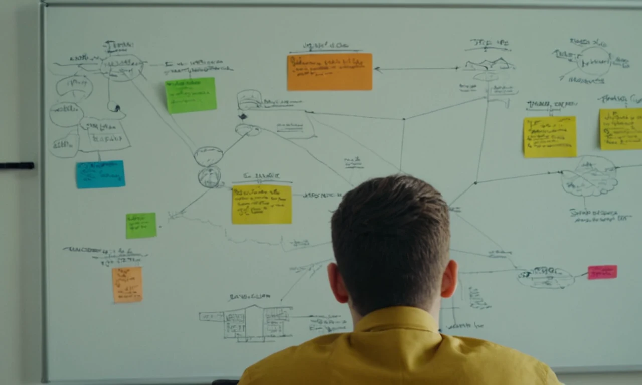 Una persona sentada frente a una pizarra con diagramas y notas sobre comunicación.