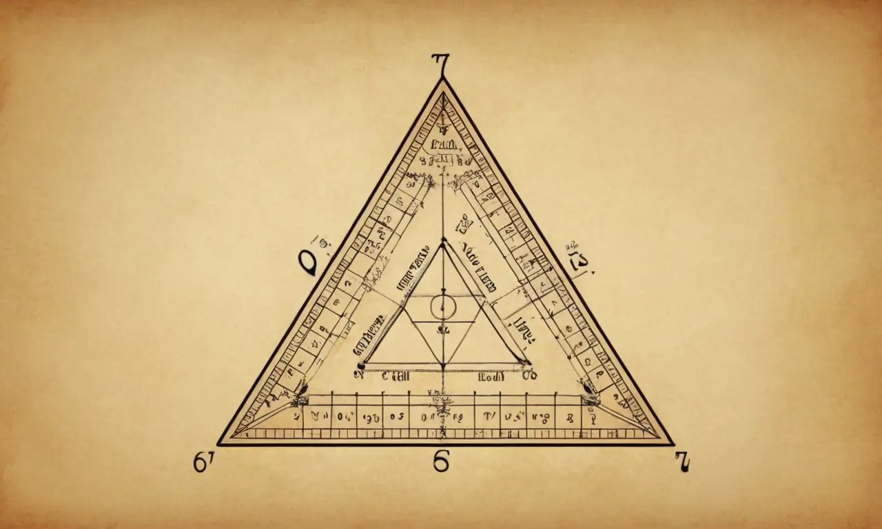 Formas geométricas formando un triángulo derecho con varios símbolos matemáticos y diagramas.