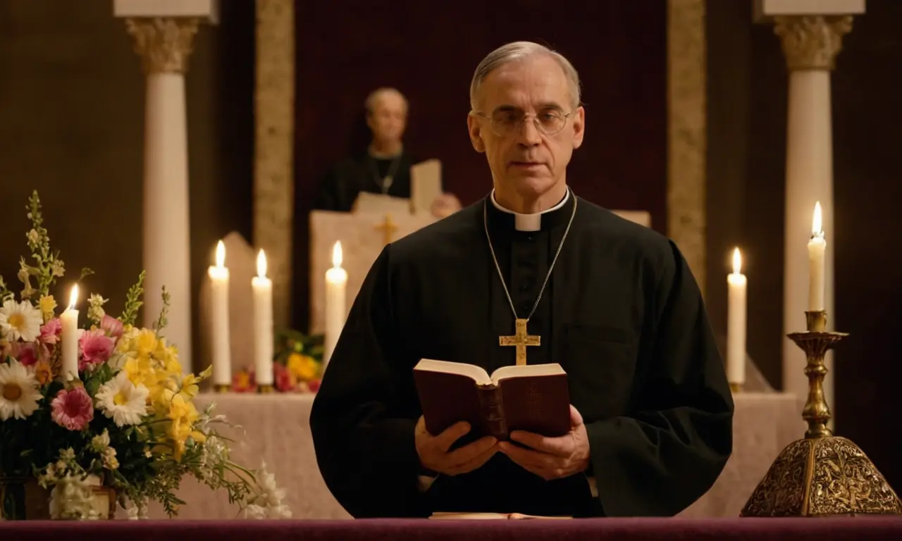 Un sacerdote que sostiene la Biblia frente a un altar de Pascua, con velas y flores alrededor.