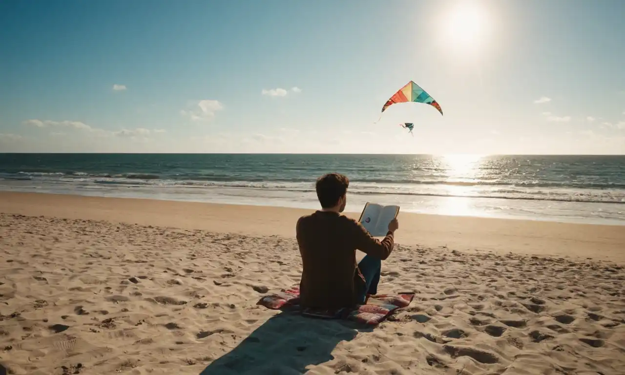 Una persona sentada en una playa con una cometa volando arriba mientras leía un libro.