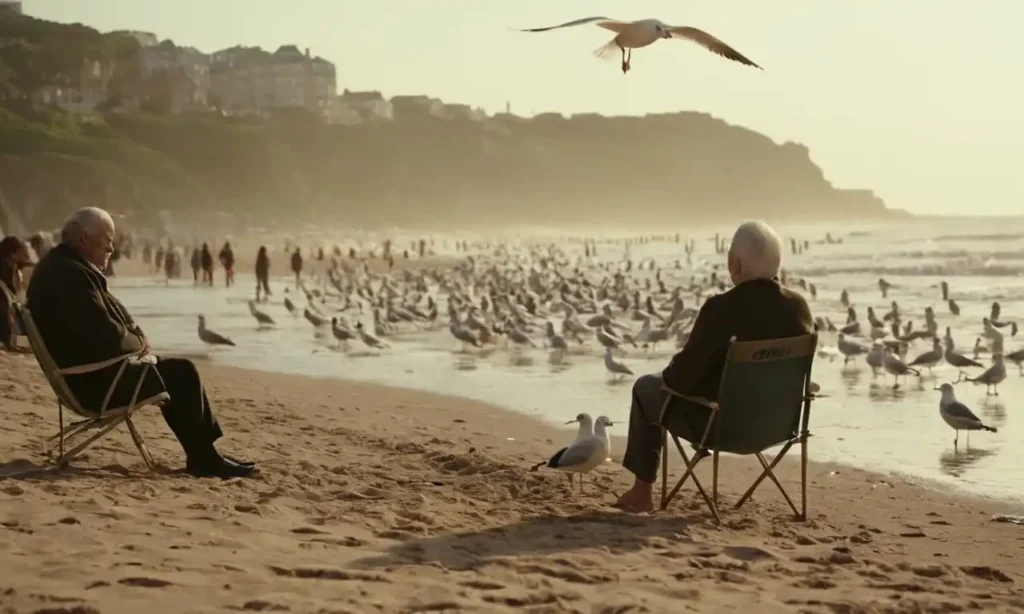 Personas mayores sentadas en una playa rodeada de gaviotas y disfrutando del tiempo de verano.