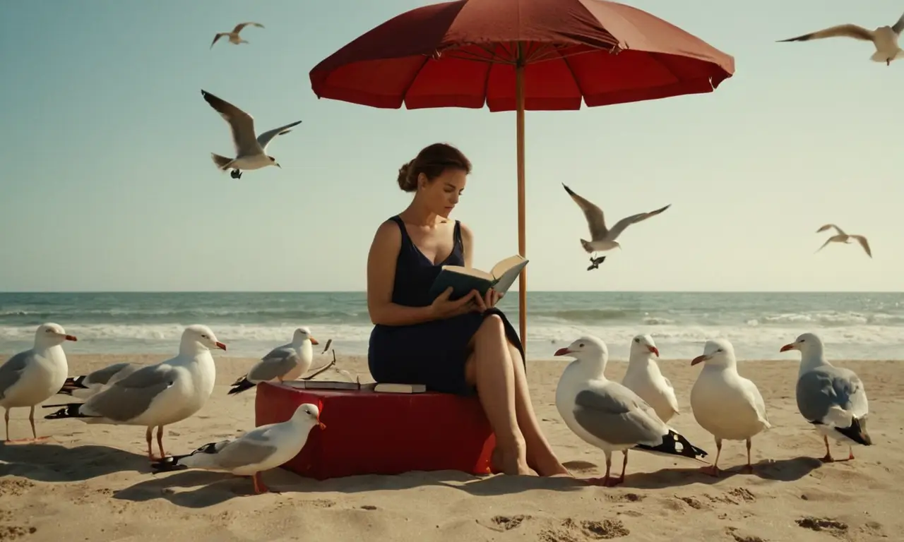 Una mujer sentada en una playa con un libro y una sombrilla, rodeada de gaviotas.