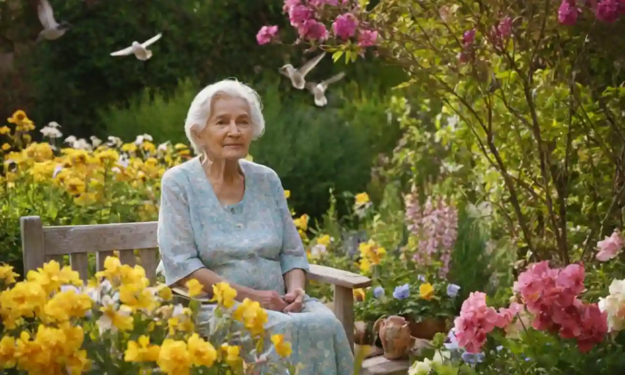 Mujer de edad sentada en un jardín rodeado de flores y aves florecientes.