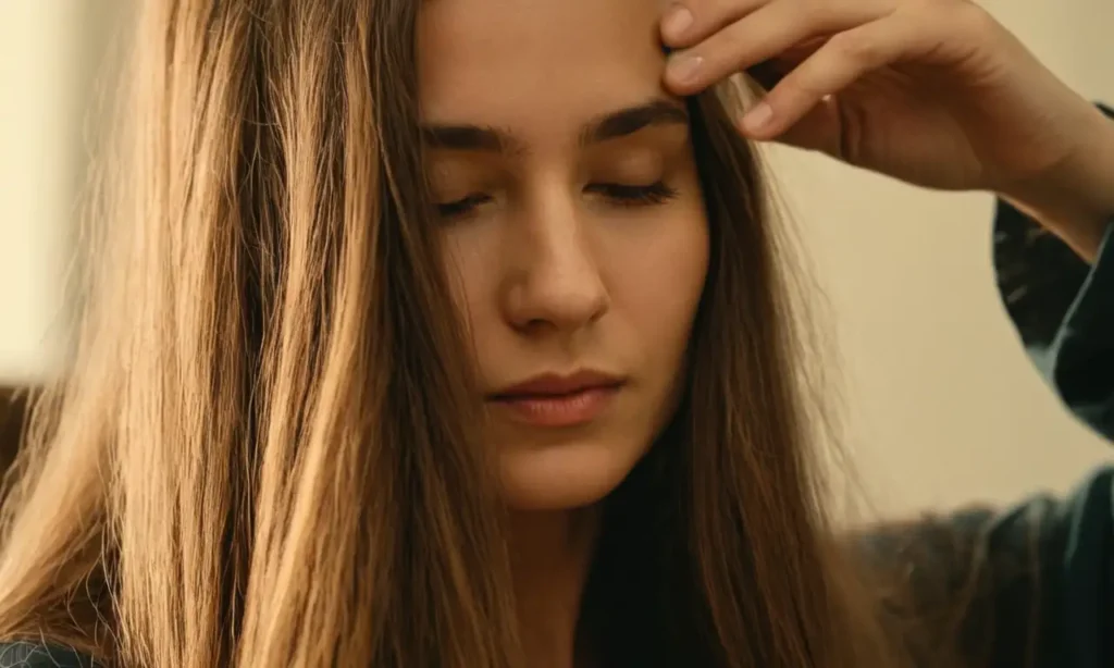 Una persona tocando suavemente su cabello largo