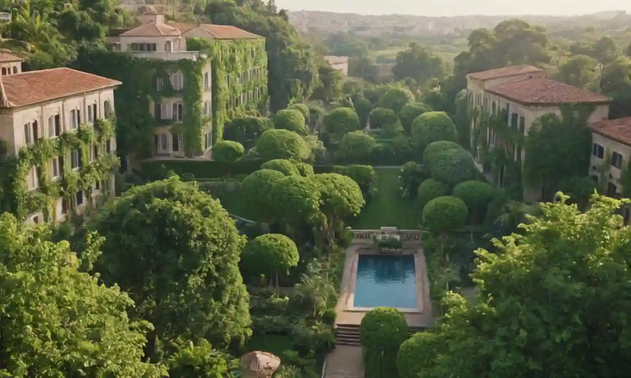 Una ilustración serena de un paisaje urbano ideal con vegetación exuberante y arquitectura armoniosa.