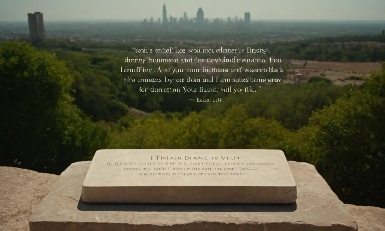 Un paisaje sereno con un paisaje urbano lejano y una cita o texto en un monumento de piedra.