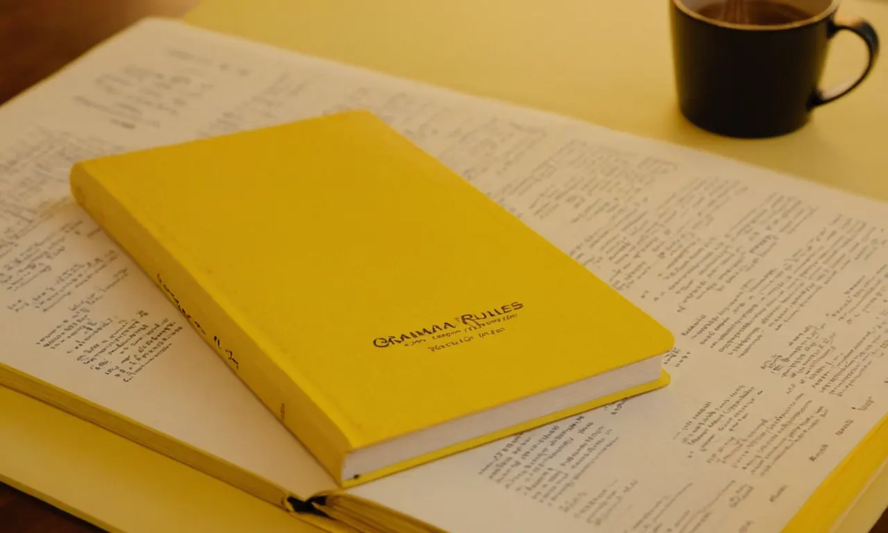 Un libro abierto sobre una mesa con reglas de gramática y ejemplos destacados en amarillo.