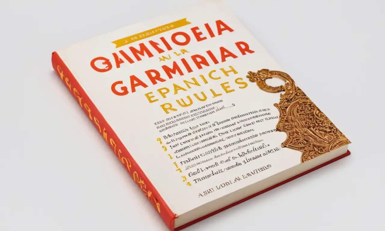 Una cubierta de libro con un título de fuente audaz y reglas de gramática española sobre un fondo blanco.