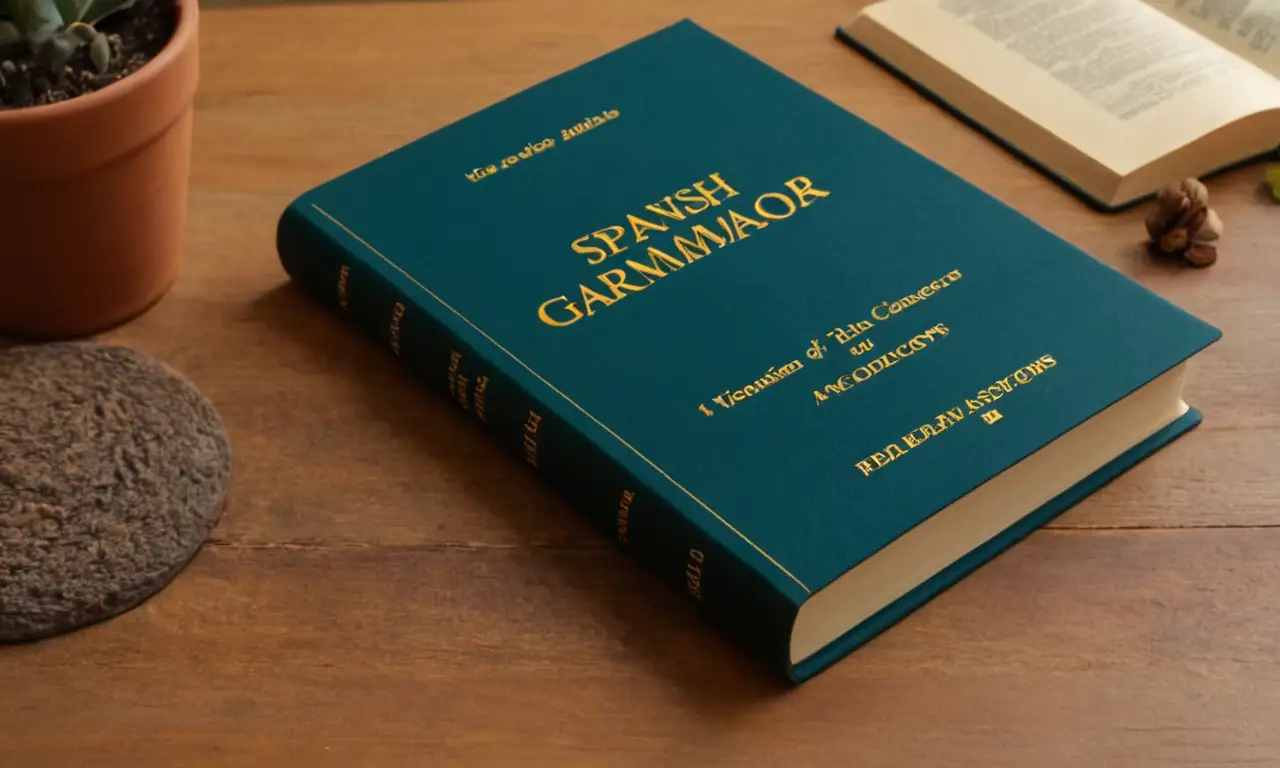 Un libro abierto sobre una mesa con conceptos de gramática española y conjugaciones de verbos destacados.