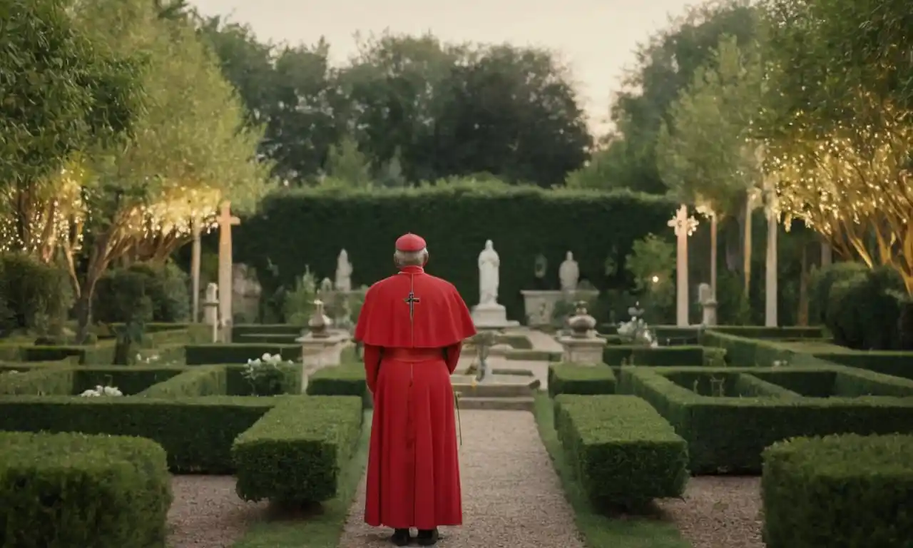 Una persona de pie en un jardín tranquilo con un resplandor sutil, rodeado de símbolos o ilustraciones de las cuatro virtudes cardinales.