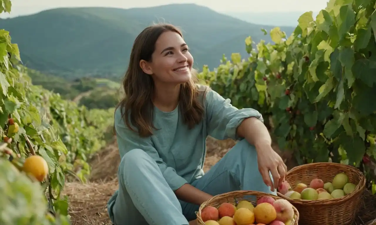 Una persona sentada en una montaña, rodeada de viñas y fruta, con una suave sonrisa.