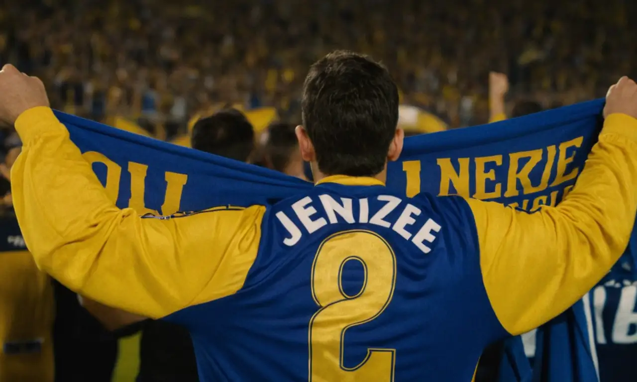 Una persona que llevaba la icónica camiseta azul y dorada de Boca Juniors, sosteniendo orgullosamente una bufanda con una audaz carta XENEIZE.